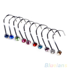 10Pcs Mix Colors Rhinestone Hook Bone Bar Pin Piercing Jewelry Nose Studs Rings 2MGF