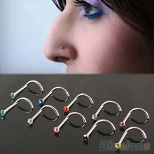 10Pcs Mix Colors Rhinestone Hook Bone Bar Pin Piercing Jewelry Nose Studs Rings 2MGF
