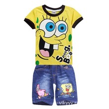 Boys clothes casual clothes Cartoon spongebob T shirt jeans shorts baby boy clothing set 2015 summer