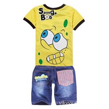 Boys clothes casual clothes Cartoon spongebob T shirt jeans shorts baby boy clothing set 2015 summer
