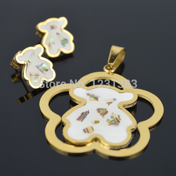 S54D Mini Teddy Gold Bear Pendant Honey Flower Bear with earring Charm stainless steel Girl Fahion