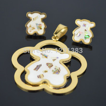 S54D Mini Teddy Gold Bear Pendant Honey Flower Bear with earring Charm stainless steel Girl Fahion