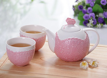 Elegant embossed lace butterfly bone china teapot cup set one teapot and two cups tea pot