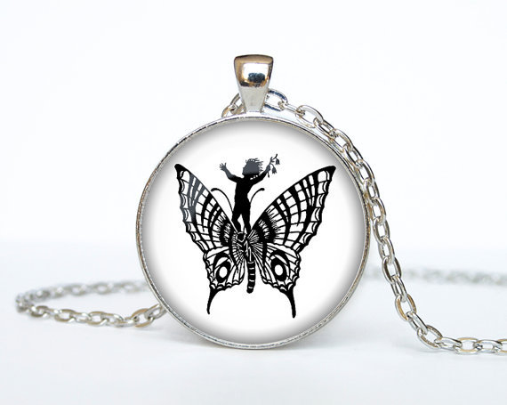 3 piece lot Cupid and the Butterfly Jewelry Vintage Original Cute Silhouette Necklace Handmade Silver