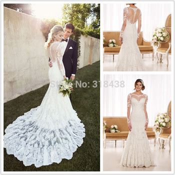 Русалка свадебное платье 2015 с длинным рукавом кружева романтический модные аппликации невесты платье lvory VESTIDO де NOIVA sereia QW2341