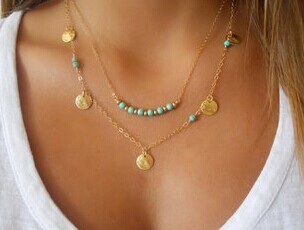 Fashion accessories jewelry New Bohemia 2 layer chain link turquoise beads Wafer necklace gift for women
