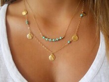 Fashion accessories jewelry New Bohemia 2 layer chain link turquoise beads Wafer necklace gift  for women girl wholesale N1620