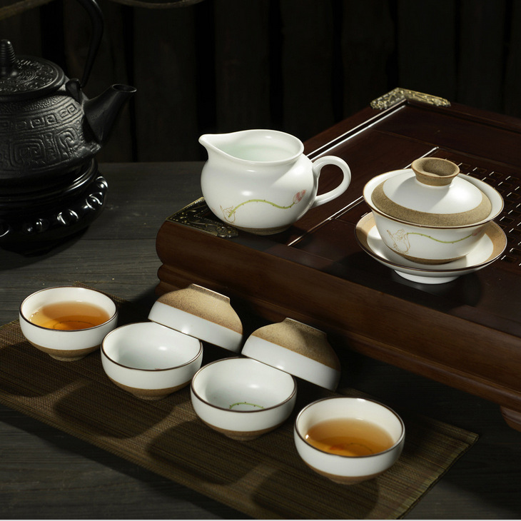 8 pcs Hand painted clay bergamot lotus Chinese traditional tea sets 1 chahai 1 gaiwan 6