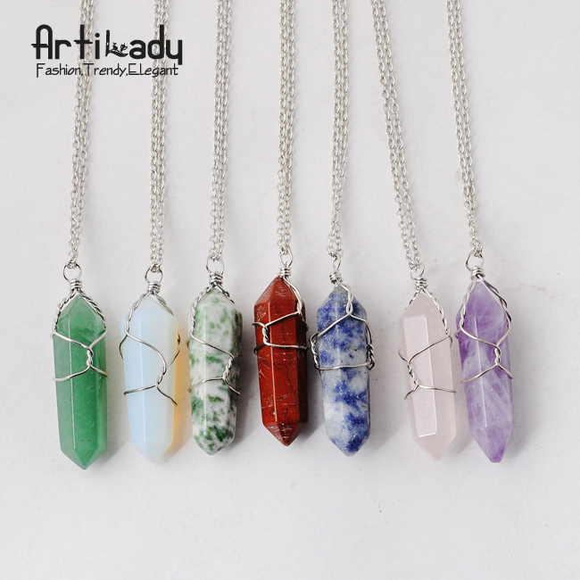 Artilady 7 options natural quartz pendant necklaces copper wired silver chain necklace crrystal stone women jewelry