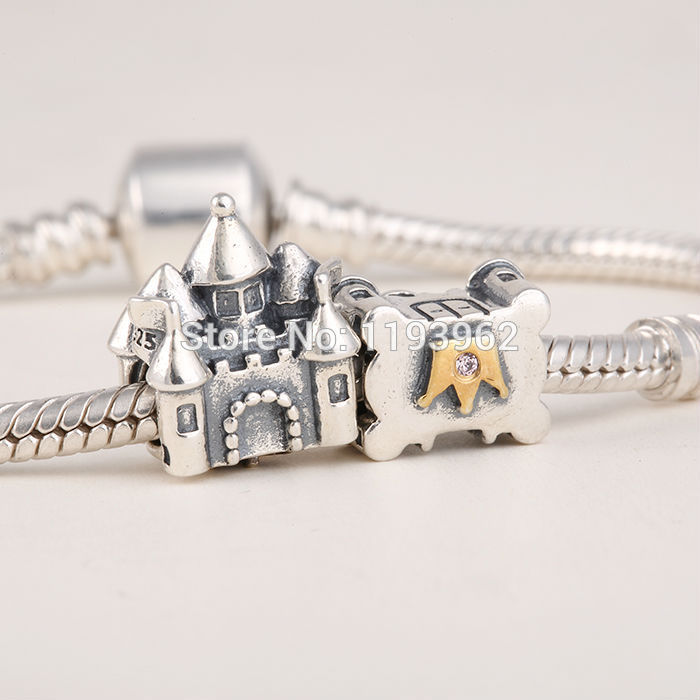 Fits Pandora Bracelets Castle Beads Original 925 Sterling Silver Fairytale Castle Charm Beads With 14K Gold
