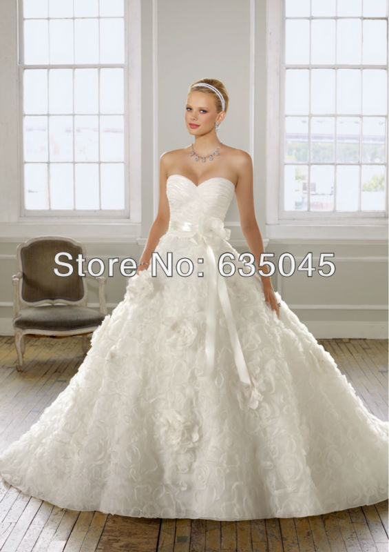 Vestido De Noiva 2015 New Custom Made Romantic Organza Flower Pleat Sash Princess Wedding Dress Robe