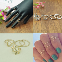 New hot sale 4PCS/Set  Women Gold silver 925 Cute Urban Crystal Plain Above Knuckle Ring Band Midi Ring Leaf Heart Knuckle Rings