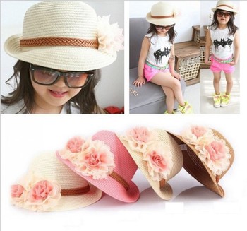 Лето новорожденных девочек соломенные шляпы 2015 мода большой цветок шапки Chapeu де прайя корейских детей защита от солнца флоппи пляж Hat QY-086
