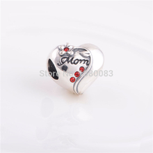 European 925 Sterling Silver Mom Charm Heart Beads with Red Crystal for Mother s Day fit