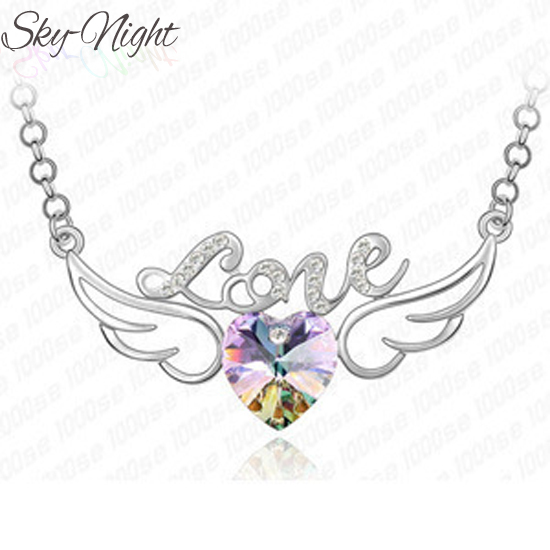 fashion Wings letters LOVE Heart necklace for woman wedding jewelry grade crystal pendant clothing accessories