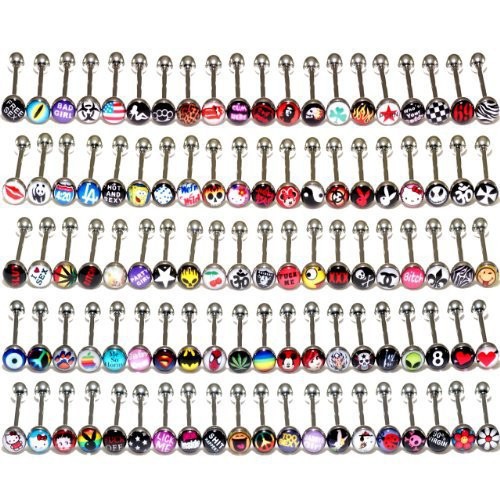 2015 New 10pcs lot Mixed Logo Tongue Piercing Bars Tongue Barbells Balls Sexy Body Piercing Jewelry