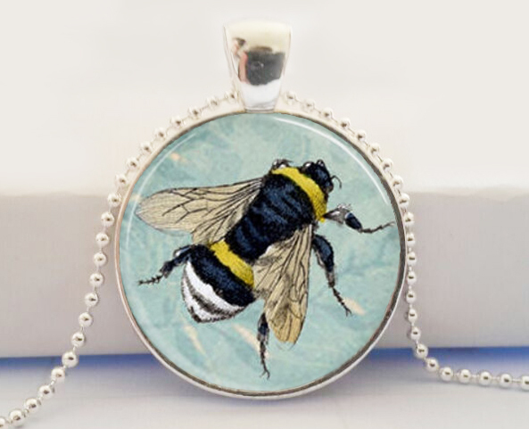Honey Bee Necklace Bumblebee on Blue Floral Background Scrabble Tile Pendant Scrabble Tiles For Jewelry