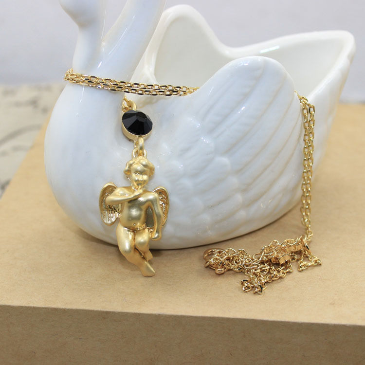 chunky collares 2015 Baroque fashion Black Rhinestone Cupid Angel wings Pendants 18k Gold plated chain Necklace