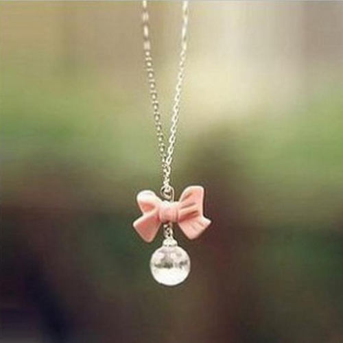 2015 New Arrival Hot Selling Fashion Sweet Pink Bow Crystal Ball Droplets Pendants necklace Sweater Chain