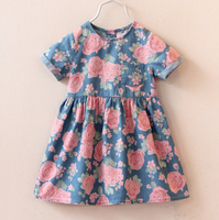 2015 New Girls Kids Dresses Denim Frower Print Cowboy Clothes Short Sleeve Mini Dress Vestido Free Shipping