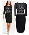 2015 Black Mesh Lace Flower Patchwork Slim OL Vestidos Women Casual Dress Office Work Wear Sexy