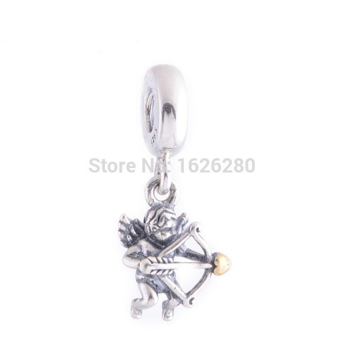 2015 New 925 Sterling Silver Cupid Dangle Charms With 14K Gold Plated Heart Arrow Fits Pandora