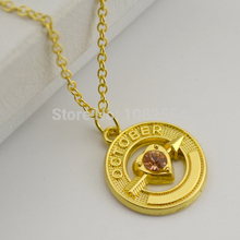 10 pcs 2015 Wholesale 18k Gold Plated Cupid Arrow With October Birthstone Love Pendant Necklaces For