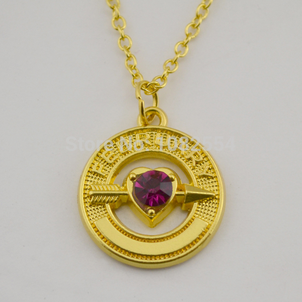10 pcs Wholesale 18k Gold Cupid Arrow With February Birthstone Living Memory Pendant Necklaces