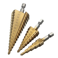 3Pcs Metric Spiral Flute Step HSS Steel 4241 Cone Titanium Coated Drill Bits Tool Set Hole Cutter 4-12/20/32mm