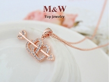 Top Quality Crystal Arrow of Cupid Double Heart Pendant Necklace Gold Plated Jewelry for Valentine s
