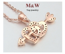 Top Quality Crystal Arrow of Cupid Double Heart Pendant Necklace Gold Plated Jewelry for Valentine s