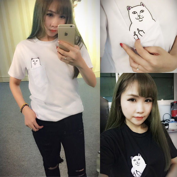 2015 new Hong Kong fashion pocket Harajuku wild cat lovers big yards women wear short sleeved
