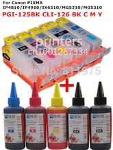 For CANON PIXMA IP4810 IP4910 IX6510 MG5210 MG5310 printer PGI125 CLI-126 refillable ink cartridge+ 5 Color Dye Ink 500ml