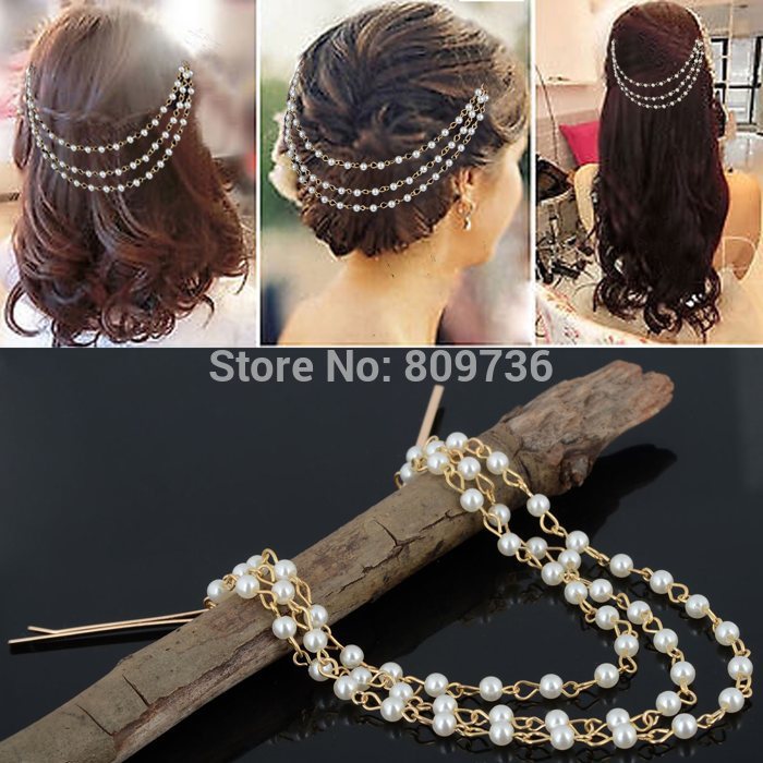 12pcs Wholesale Bohemian Womens Stunning Tassels Pearl Headband Headpiece Hair Chain Hairband Wedding Clip Jewelry Free