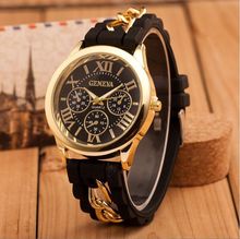 2015 New Style Hot Selling Fashion 13 Colors Geneva Silicone Band Gold Alloy Chain Women Casual Watch Men Quartz Wristwatch SS
