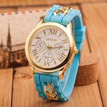 2015 New Style Hot Selling Fashion 13 Colors Geneva Silicone Band Gold Alloy Chain Women Casual