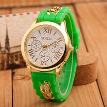 2015 New Style Hot Selling Fashion 13 Colors Geneva Silicone Band Gold Alloy Chain Women Casual