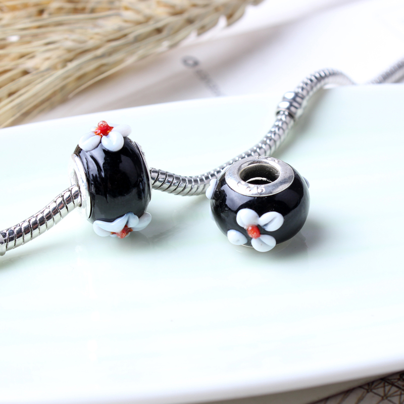 Retail Black Flower Murano Bead 925 Silver GLASS BEAD fit Pandora European Bracelet Necklaces RL 22