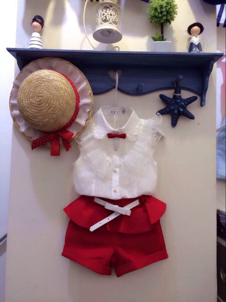 2015 Summer fashion Girl lace white blouses red shorts clothing set kids clothes sets twinset