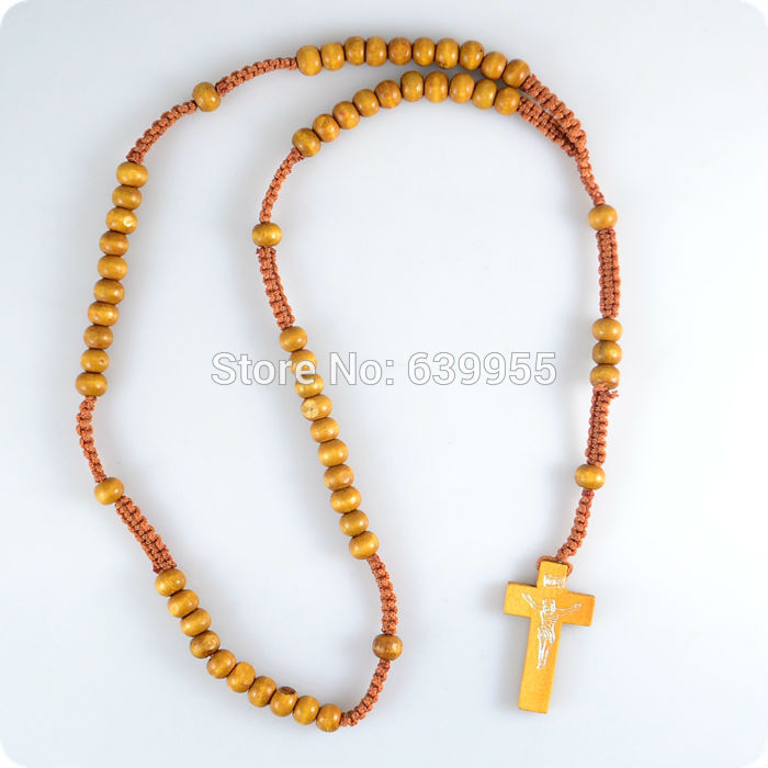 Wood Rosary Beads INRI JESUS Cross Pendant Necklace Catholic Fashion Religious jewelry