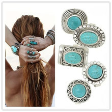 Chic Unisex Jewelry Tibetan Silver Ring For Women Carved Genuine Turquoise Party