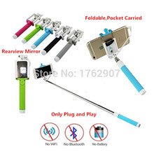 Original Universal Monopod Portable Wired Cable Selfie Stick with Rearview Mirror Phone Holder for iPhone Samsung