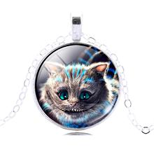 Cheshire cat glass cabochon Pendant Necklace Art silver chain vintage choker Necklace 2015 Fashion women Jewelry