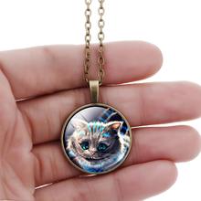 Cheshire Cat Glass Cabochon Pendant Necklace Art Silver Chain Necklace Vintage Bronze Statement Necklace in Jewelry
