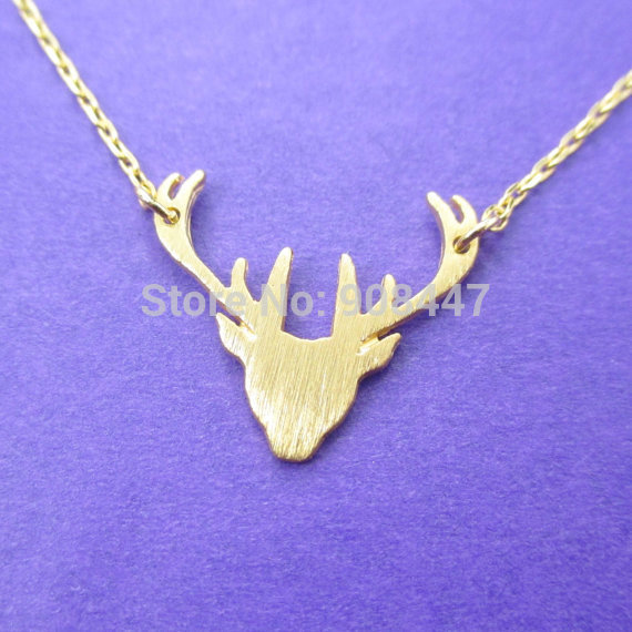 1 Piece N133 Stag Silhouette Deer head Shaped Animal Charm antler Necklace in Gold Handmade Animal