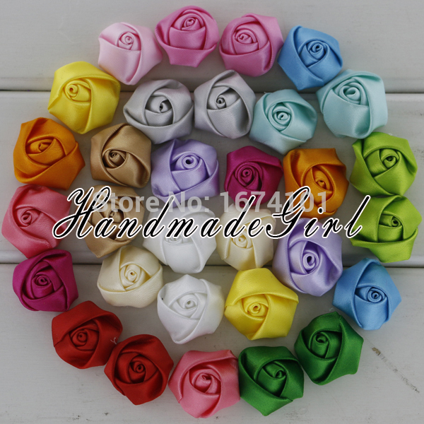 Assorted Colors Handmade Satin Rolled Ribbons Fabric Rosettes Flat Back Rose Flowers Hair Accessories For Wedding