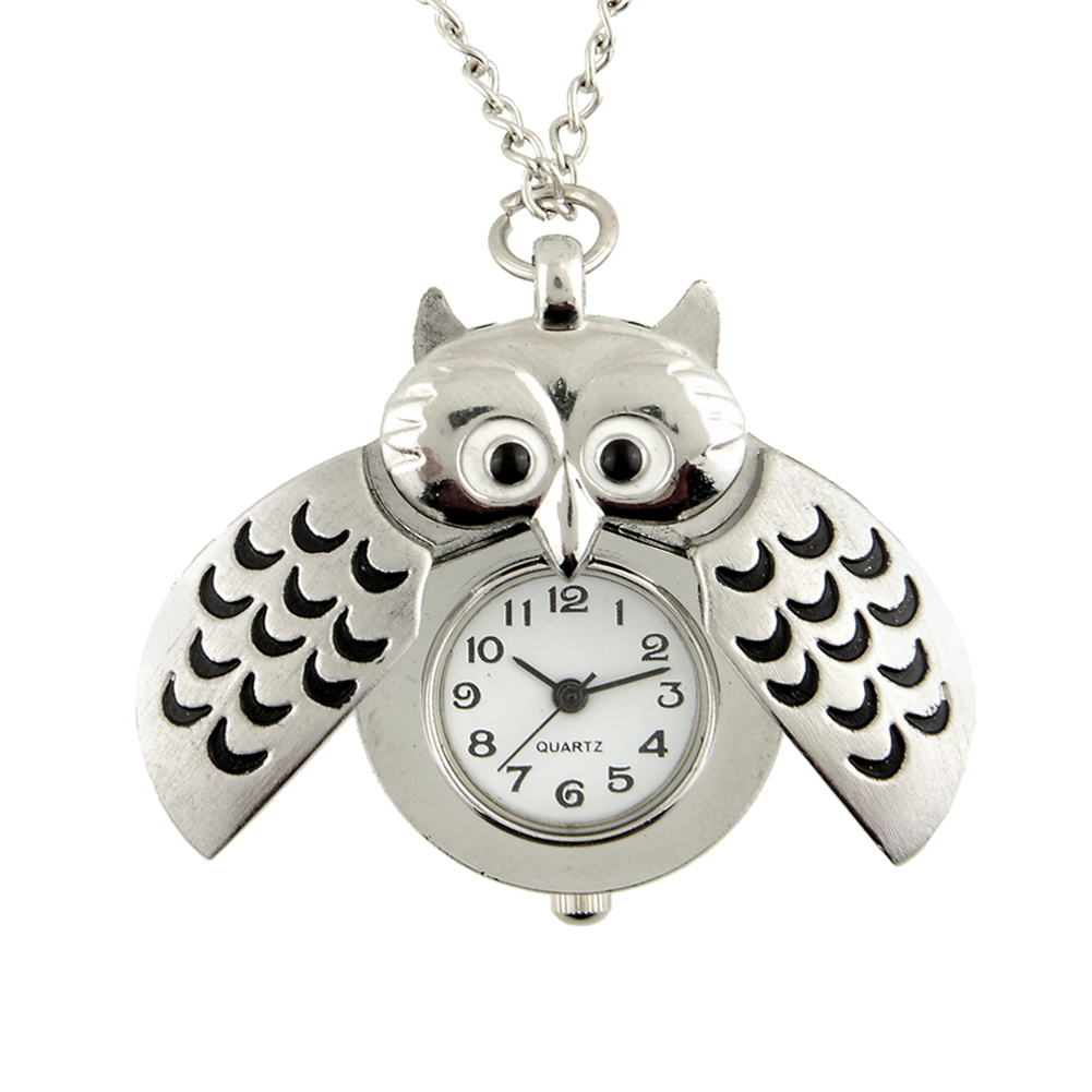 Silver Plated Owl Shape Chic Pocket Watch Pendant Analog Necklace Chain Women Watches Gift Fashion Design