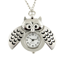 Plateados plata del buho forma elegante reloj de bolsillo colgante collar análogo de cadena de la mujer relojes regalo moda diseño a estrenar