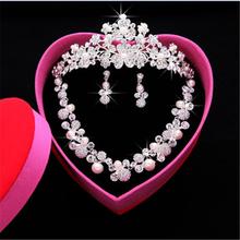 2015 new fashion Jewelry sets pearls Bride Crown Bridal Necklace 3 PCS Marriage Accessories SILVER Ear clip earrings