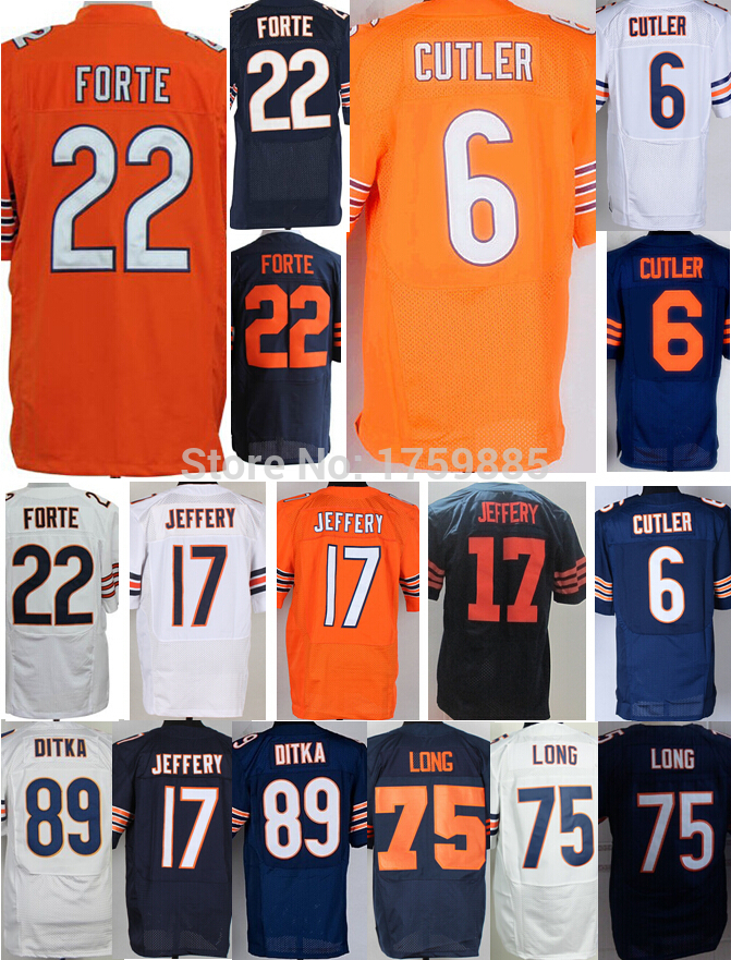 Directly Supply 22 Matt Forte 6 Jay Cutler 17 Alshon Jeffery 89 Mike Ditka 75 Kyle Long Stitched Embroidery Logos Top Quality(China (Mainland))
